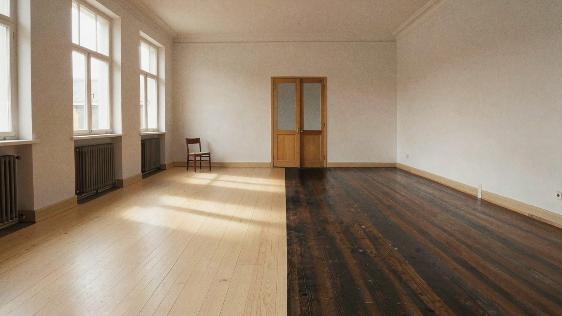 Lege kamer met een houten vloer die voor de helft licht geschuurd is en voor de helft nog donker