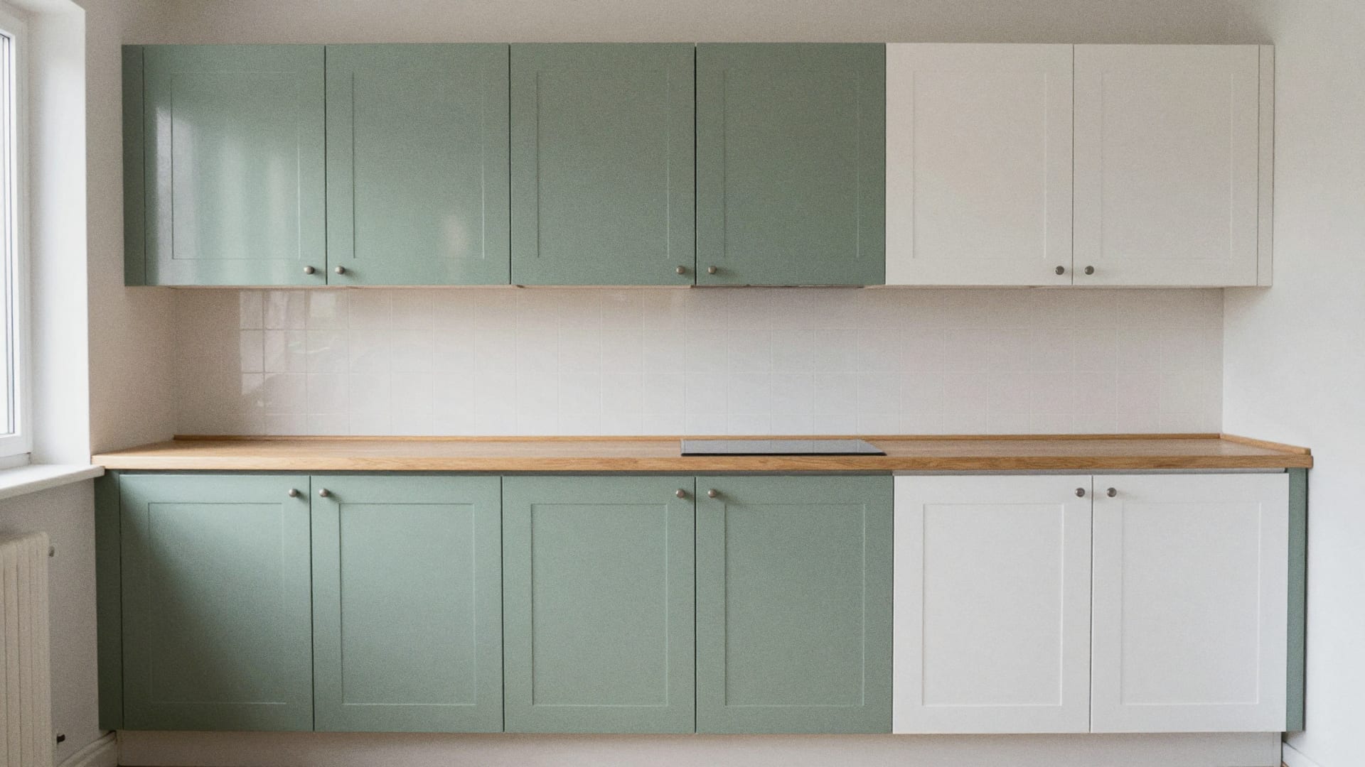 Keuken waarvan de linkerkant van de kastdeurtjes matgroen is gewrapt en de rest nog wit is