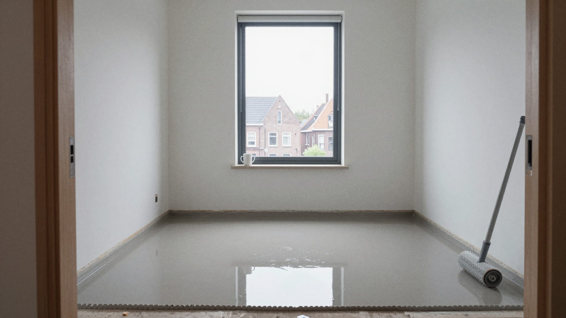 Lege kamer met een vers geëgaliseerde, glanzende vloer en een roller tegen de muur