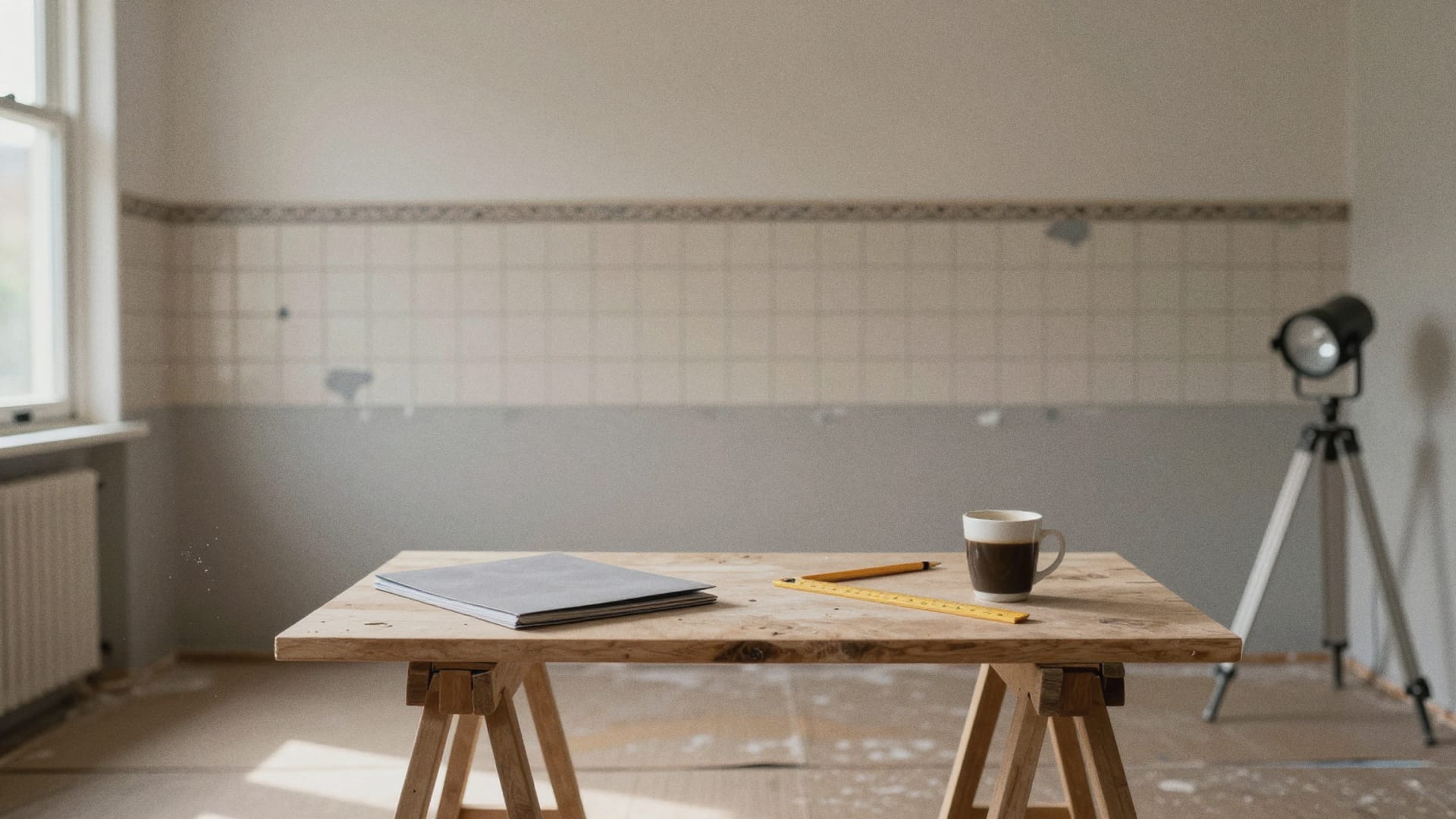 Werktafel op schragen met een schrift, een duimstok en een mok in een kamer die verbouwd wordt
