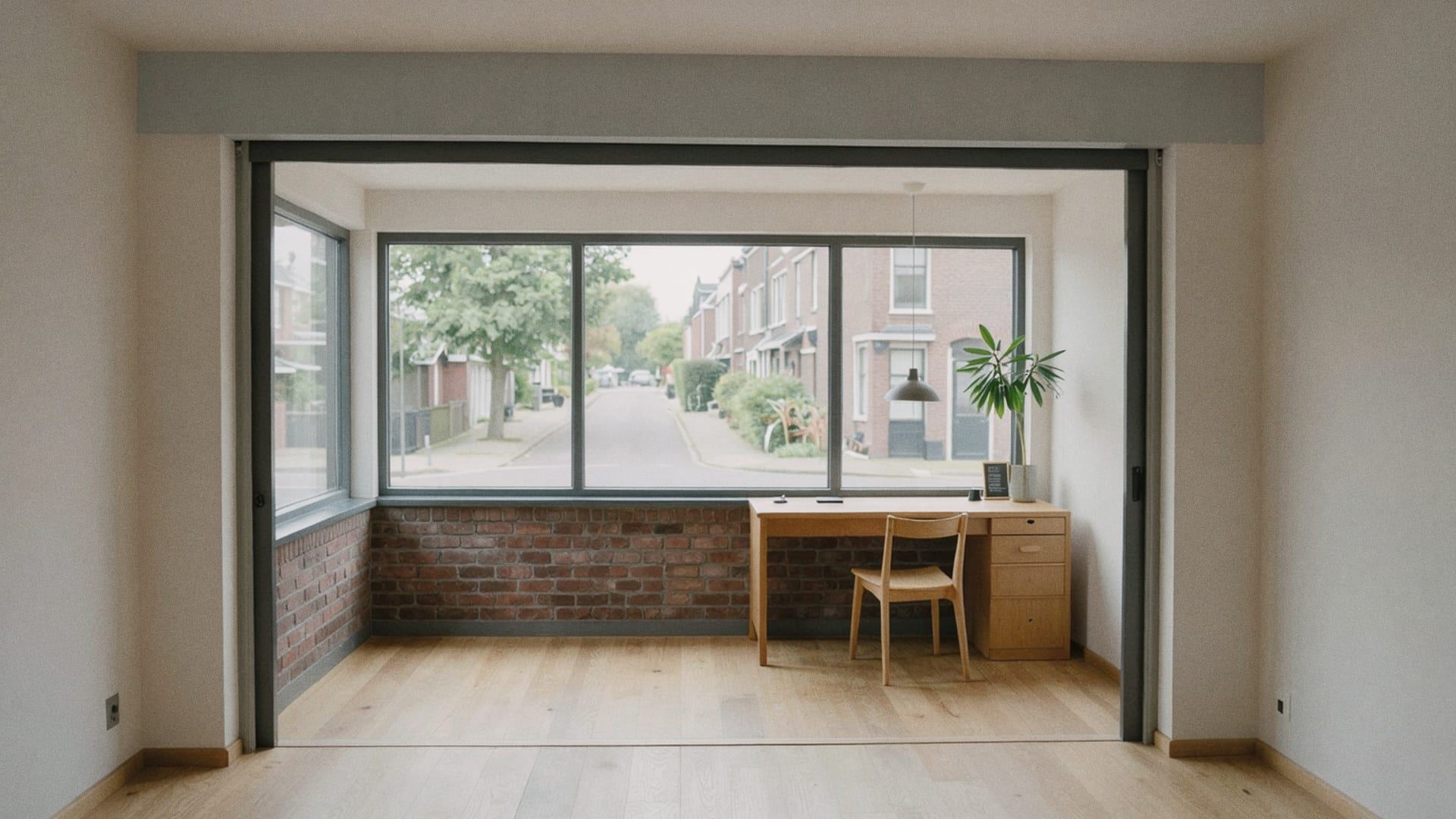Garage omgebouwd tot werkkamer met een groot raam naar de straat en een houten bureau
