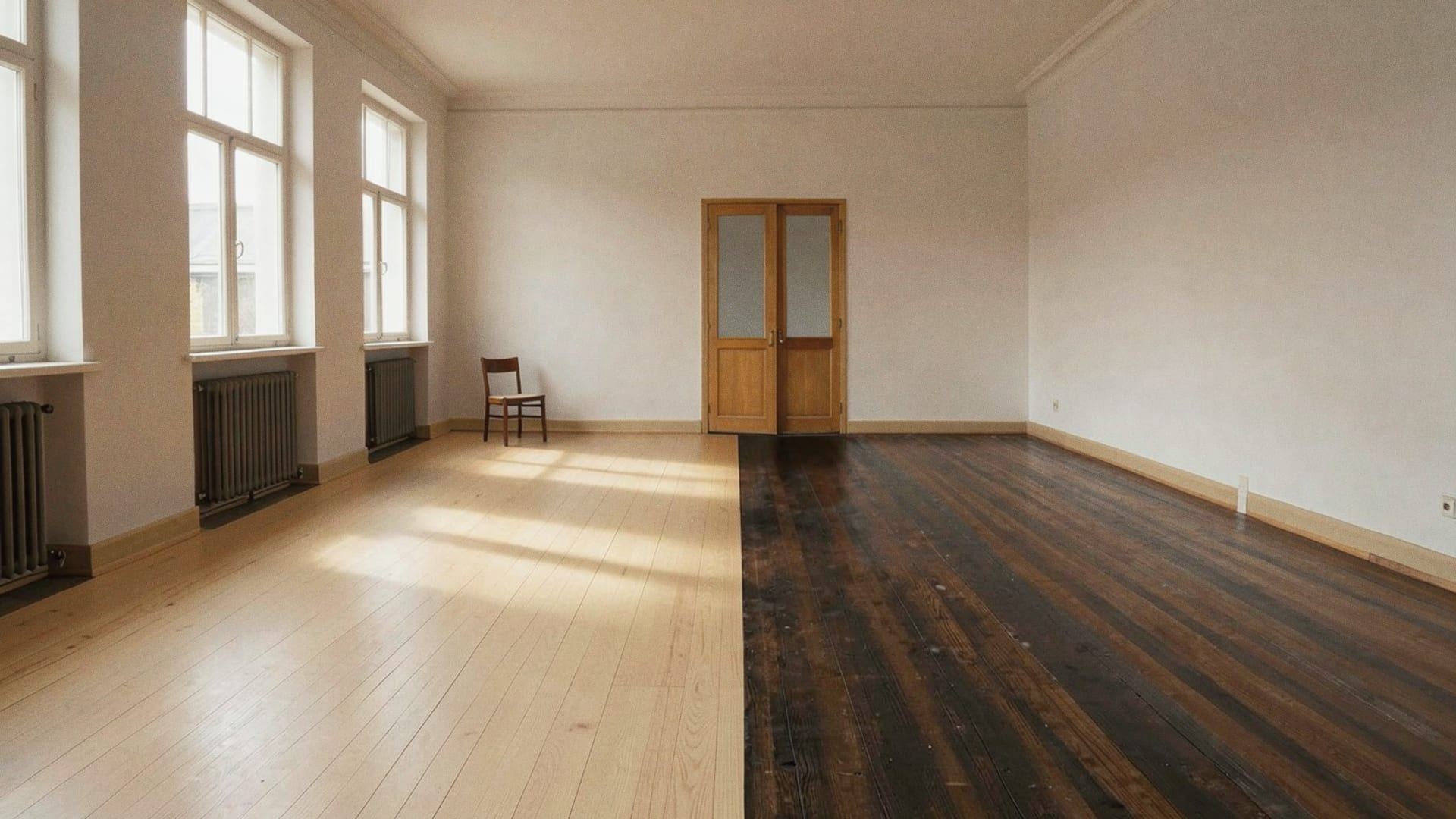 Lege kamer met een houten vloer die voor de helft licht geschuurd is en voor de helft nog donker