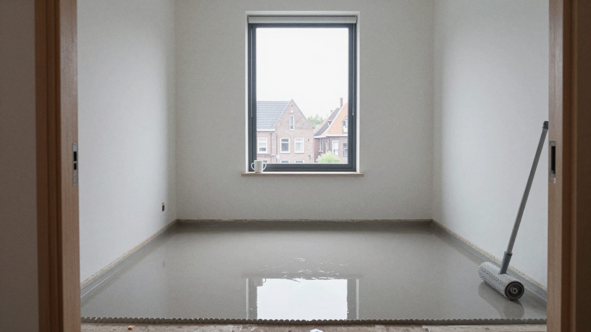 Lege kamer met een vers geëgaliseerde, glanzende vloer en een roller tegen de muur