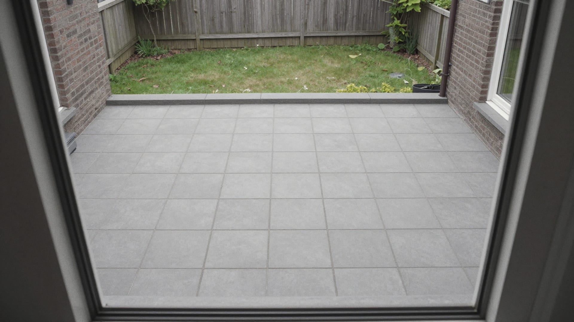 Nieuw terras van grote lichtgrijze keramische tegels in de achtertuin, gezien vanuit het huis