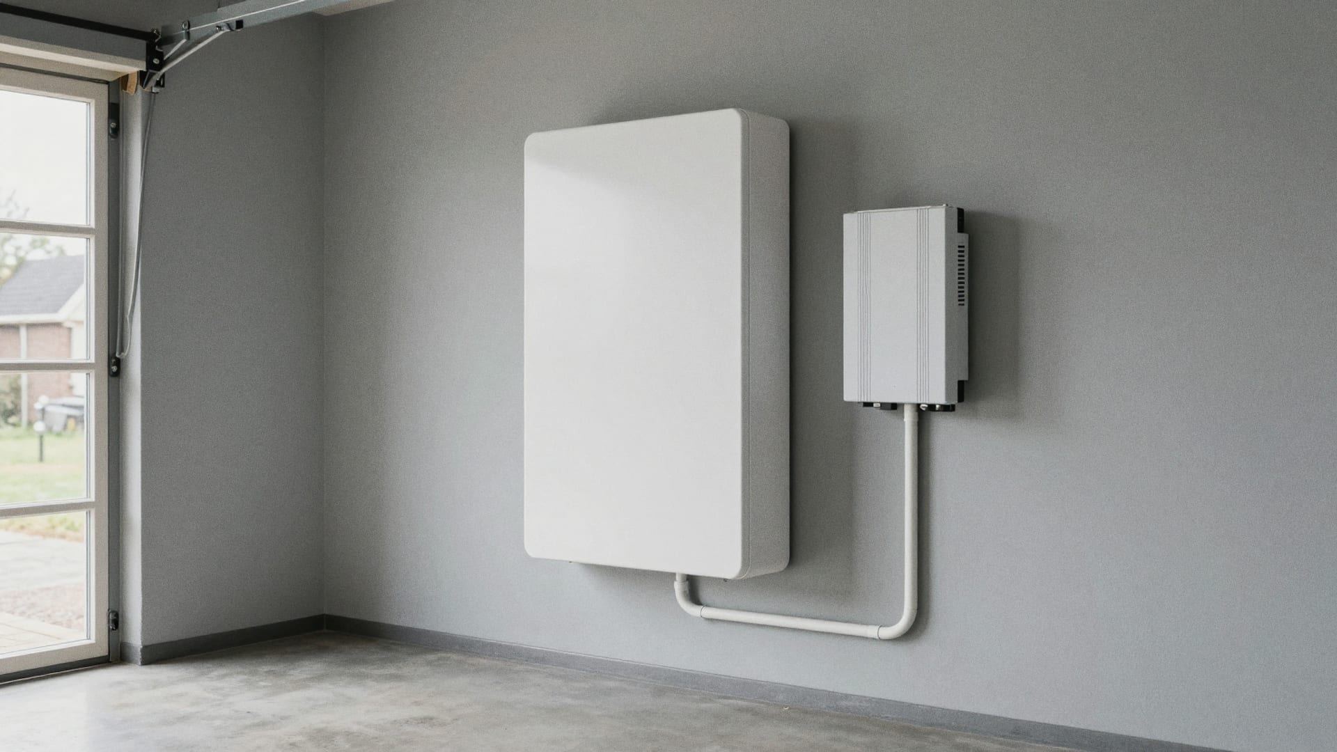 Witte thuisbatterij en omvormer aan de grijze wand van een garage, verbonden met een nette witte kabelbuis